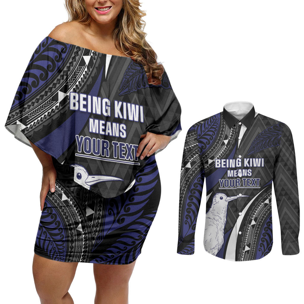 Personalised New Zealand Kiwi Couples Matching Off Shoulder Short Dress and Long Sleeve Button Shirt Silver Fern Tribal Pattern DT05 Navy - Polynesian Pride