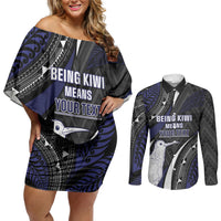Personalised New Zealand Kiwi Couples Matching Off Shoulder Short Dress and Long Sleeve Button Shirt Silver Fern Tribal Pattern DT05 Navy - Polynesian Pride