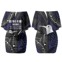 Personalised New Zealand Kiwi Couples Matching Off Shoulder Short Dress and Long Sleeve Button Shirt Silver Fern Tribal Pattern DT05 - Polynesian Pride