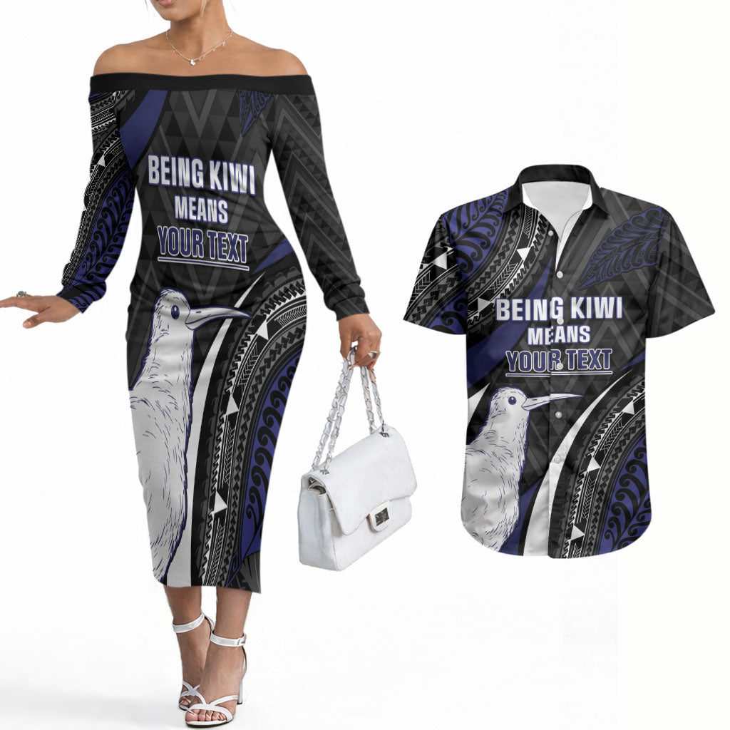 Personalised New Zealand Kiwi Couples Matching Off The Shoulder Long Sleeve Dress and Hawaiian Shirt Silver Fern Tribal Pattern DT05 Navy - Polynesian Pride