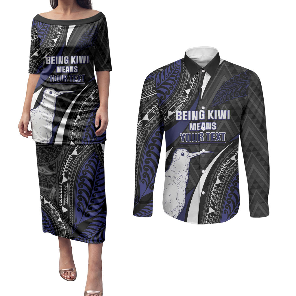 Personalised New Zealand Kiwi Couples Matching Puletasi and Long Sleeve Button Shirt Silver Fern Tribal Pattern