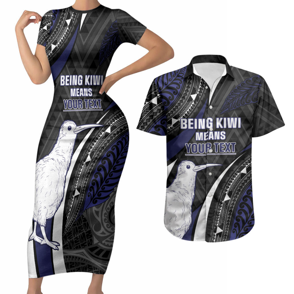 Personalised New Zealand Kiwi Couples Matching Short Sleeve Bodycon Dress and Hawaiian Shirt Silver Fern Tribal Pattern DT05 Navy - Polynesian Pride