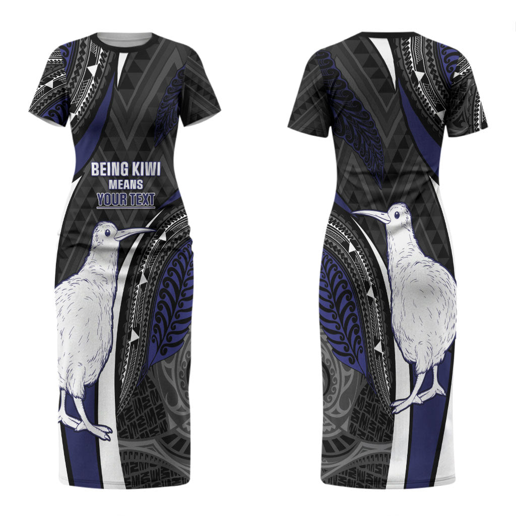 Personalised New Zealand Kiwi Couples Matching Short Sleeve Bodycon Dress and Hawaiian Shirt Silver Fern Tribal Pattern DT05 - Polynesian Pride