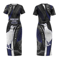 Personalised New Zealand Kiwi Couples Matching Short Sleeve Bodycon Dress and Hawaiian Shirt Silver Fern Tribal Pattern DT05 - Polynesian Pride