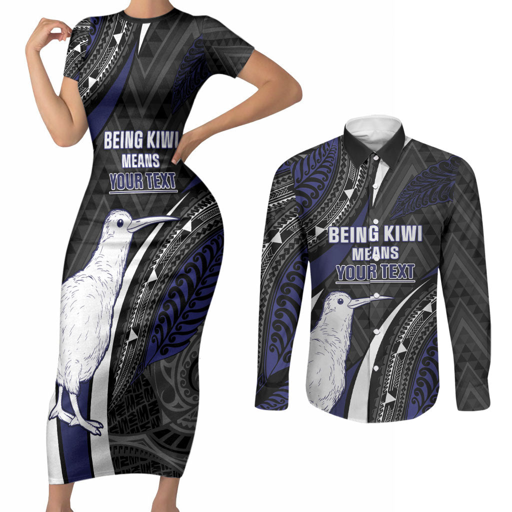 Personalised New Zealand Kiwi Couples Matching Short Sleeve Bodycon Dress and Long Sleeve Button Shirt Silver Fern Tribal Pattern