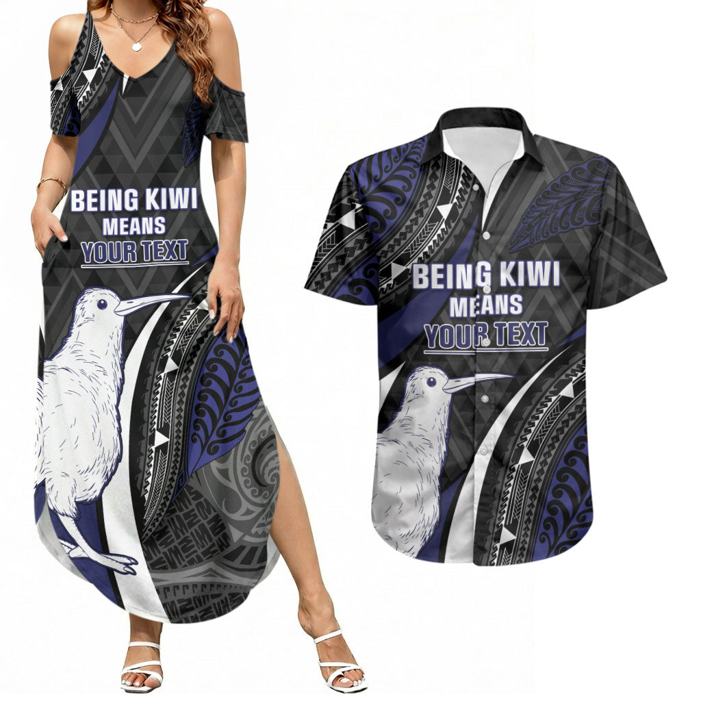 Personalised New Zealand Kiwi Couples Matching Summer Maxi Dress and Hawaiian Shirt Silver Fern Tribal Pattern DT05 Navy - Polynesian Pride
