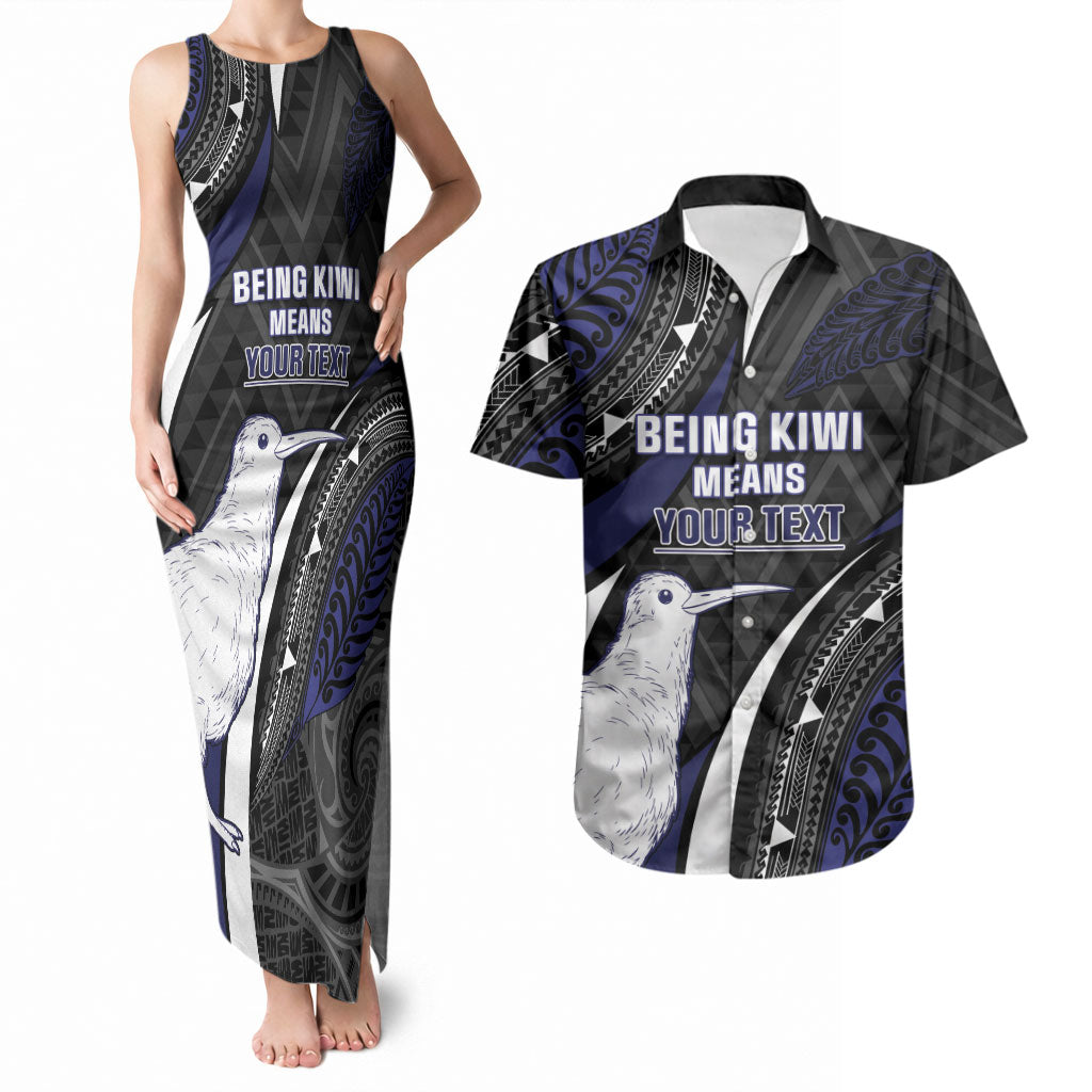 Personalised New Zealand Kiwi Couples Matching Tank Maxi Dress and Hawaiian Shirt Silver Fern Tribal Pattern DT05 Navy - Polynesian Pride