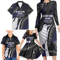 Personalised New Zealand Kiwi Family Matching Long Sleeve Bodycon Dress and Hawaiian Shirt Silver Fern Tribal Pattern DT05 - Polynesian Pride