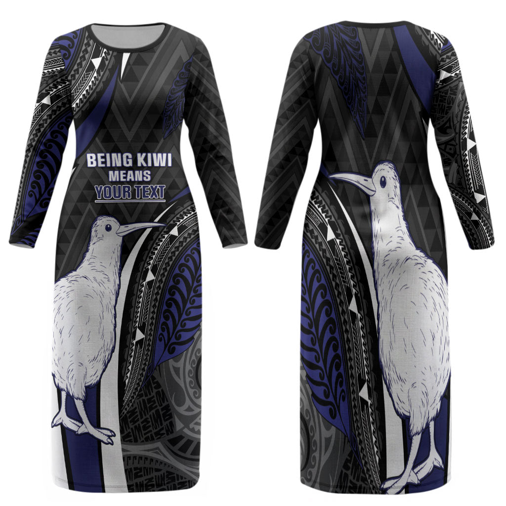 Personalised New Zealand Kiwi Family Matching Long Sleeve Bodycon Dress and Hawaiian Shirt Silver Fern Tribal Pattern DT05 Mom's Dress Navy - Polynesian Pride
