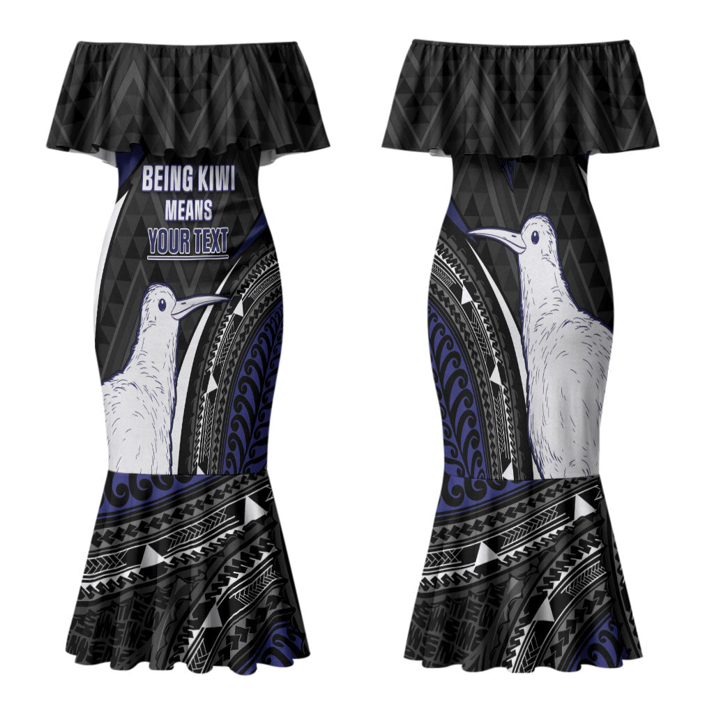 Personalised New Zealand Kiwi Family Matching Mermaid Dress and Hawaiian Shirt Silver Fern Tribal Pattern DT05 Mom's Dress Navy - Polynesian Pride