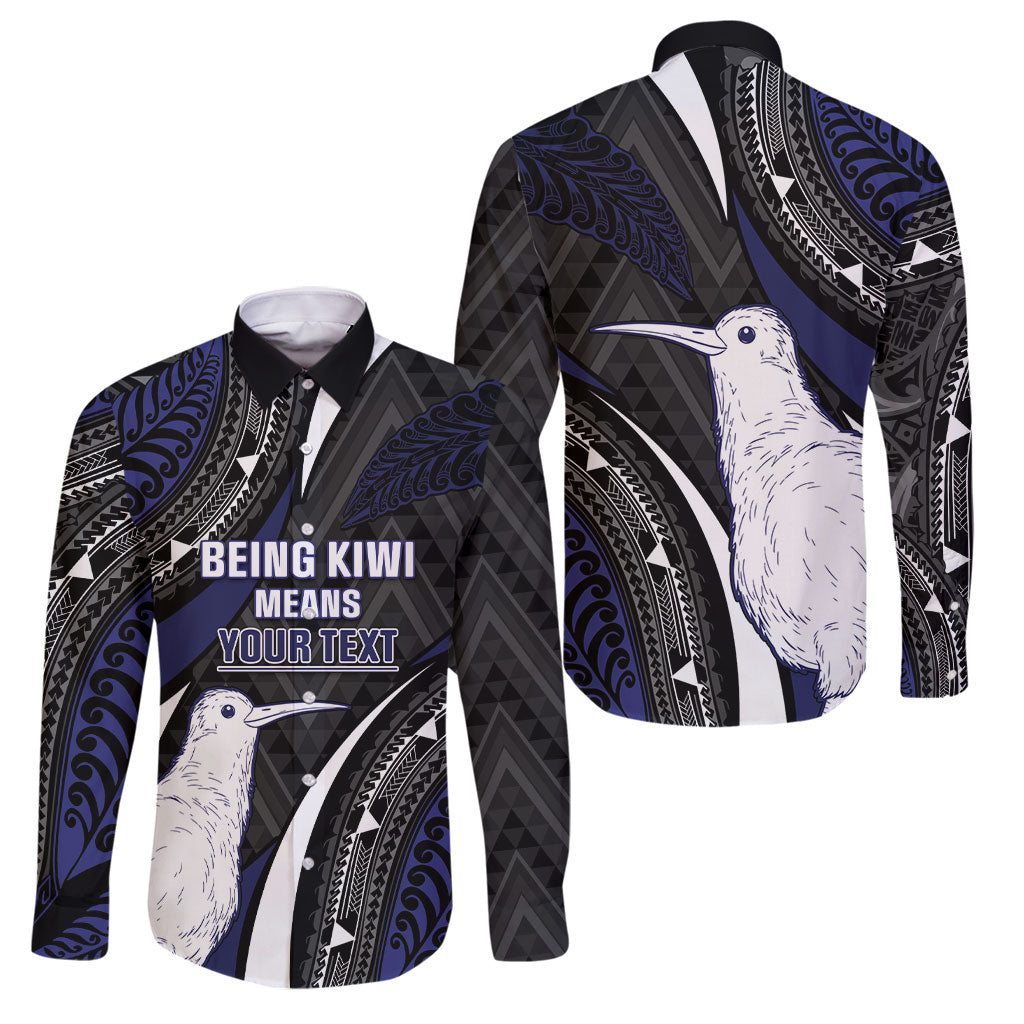 Personalised New Zealand Kiwi Family Matching Mermaid Dress and Hawaiian Shirt Silver Fern Tribal Pattern DT05 Dad's Shirt - Long Sleeve Navy - Polynesian Pride