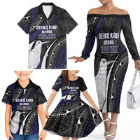 Personalised New Zealand Kiwi Family Matching Off The Shoulder Long Sleeve Dress and Hawaiian Shirt Silver Fern Tribal Pattern DT05 - Polynesian Pride