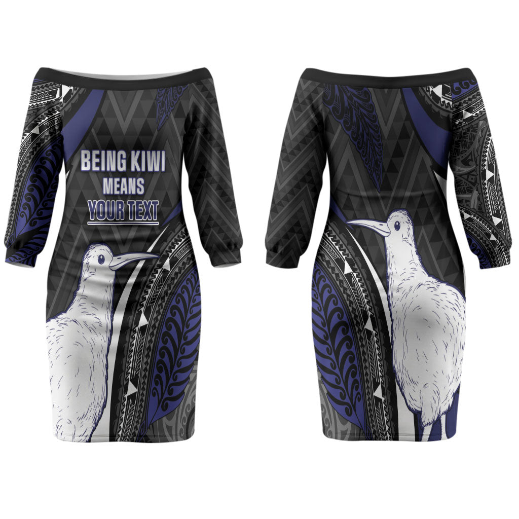 Personalised New Zealand Kiwi Family Matching Off The Shoulder Long Sleeve Dress and Hawaiian Shirt Silver Fern Tribal Pattern DT05 Mom's Dress Navy - Polynesian Pride