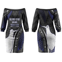 Personalised New Zealand Kiwi Family Matching Off The Shoulder Long Sleeve Dress and Hawaiian Shirt Silver Fern Tribal Pattern DT05 Mom's Dress Navy - Polynesian Pride