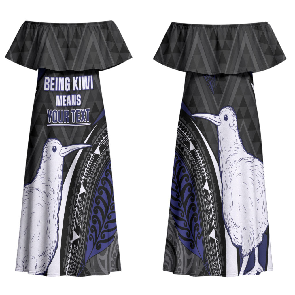 Personalised New Zealand Kiwi Family Matching Off Shoulder Maxi Dress and Hawaiian Shirt Silver Fern Tribal Pattern DT05 Mom's Dress Navy - Polynesian Pride