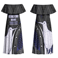 Personalised New Zealand Kiwi Family Matching Off Shoulder Maxi Dress and Hawaiian Shirt Silver Fern Tribal Pattern DT05 Mom's Dress Navy - Polynesian Pride