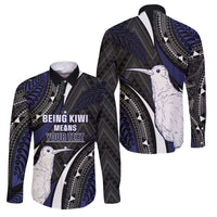 Personalised New Zealand Kiwi Family Matching Off Shoulder Maxi Dress and Hawaiian Shirt Silver Fern Tribal Pattern DT05 Dad's Shirt - Long Sleeve Navy - Polynesian Pride