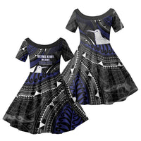 Personalised New Zealand Kiwi Family Matching Off Shoulder Maxi Dress and Hawaiian Shirt Silver Fern Tribal Pattern DT05 Daughter's Dress Navy - Polynesian Pride