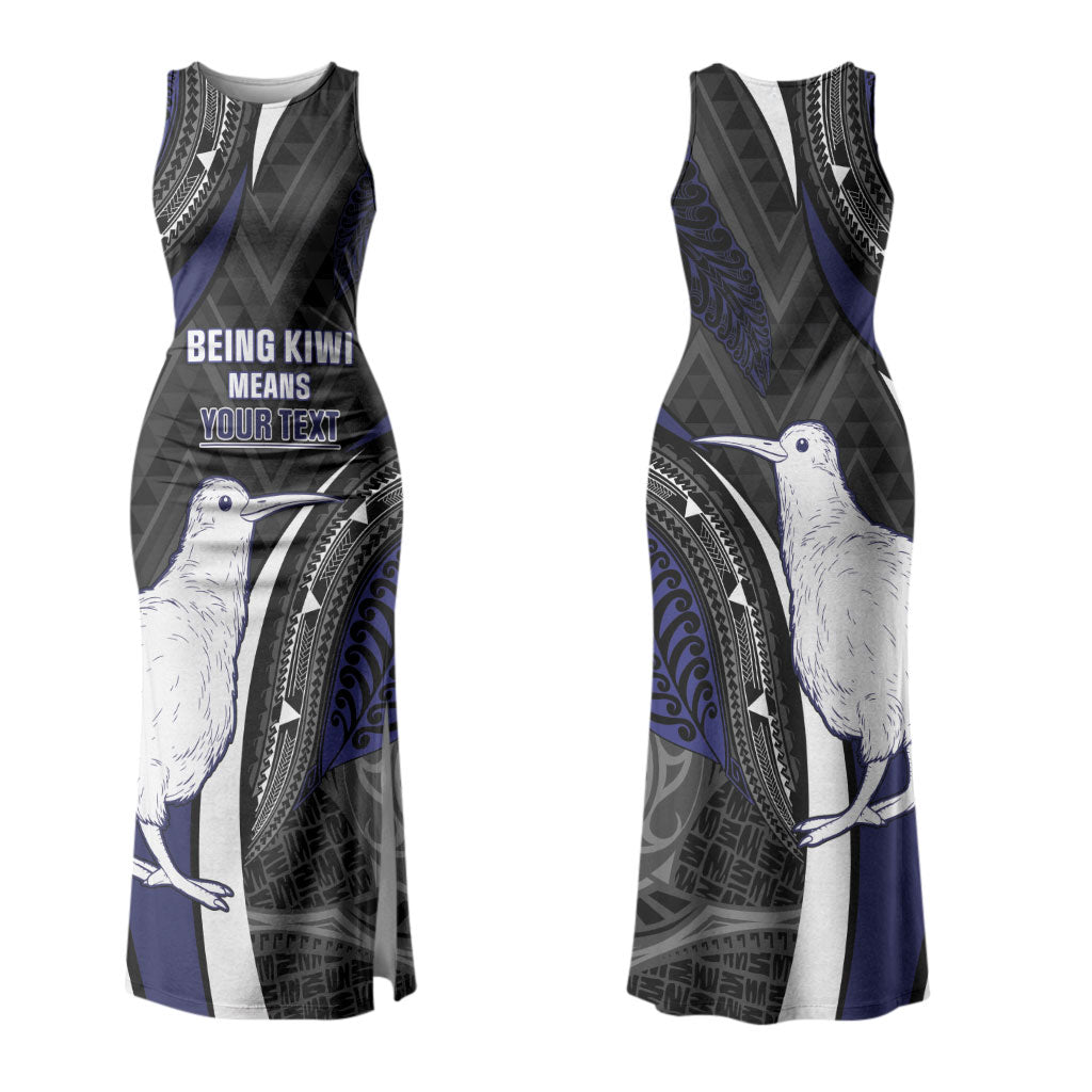 Personalised New Zealand Kiwi Family Matching Tank Maxi Dress and Hawaiian Shirt Silver Fern Tribal Pattern DT05 Mom's Dress Navy - Polynesian Pride