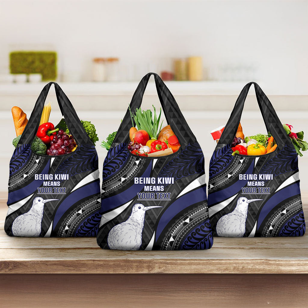 Personalised New Zealand Kiwi Grocery Bag Silver Fern Tribal Pattern DT05 3-pack One Size Navy - Polynesian Pride