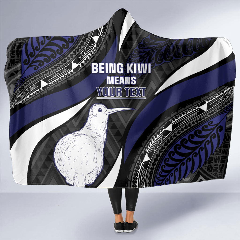 Personalised New Zealand Kiwi Hooded Blanket Silver Fern Tribal Pattern DT05 One Size Navy - Polynesian Pride