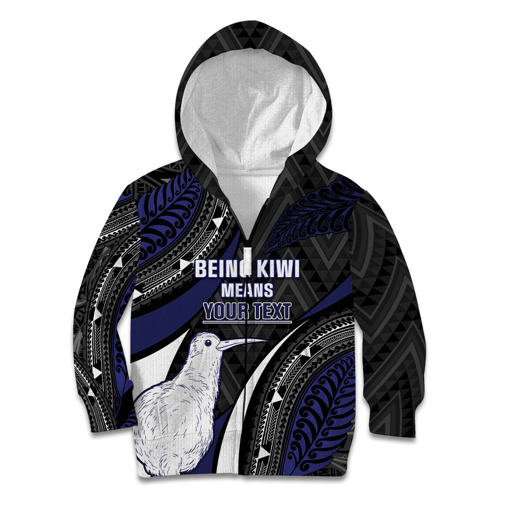 Personalised New Zealand Kiwi Kid Hoodie Silver Fern Tribal Pattern DT05 Zip Hoodie Navy - Polynesian Pride