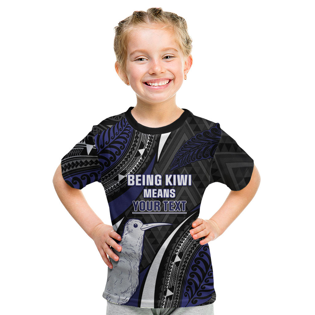 Personalised New Zealand Kiwi Kid T Shirt Silver Fern Tribal Pattern DT05 Navy - Polynesian Pride