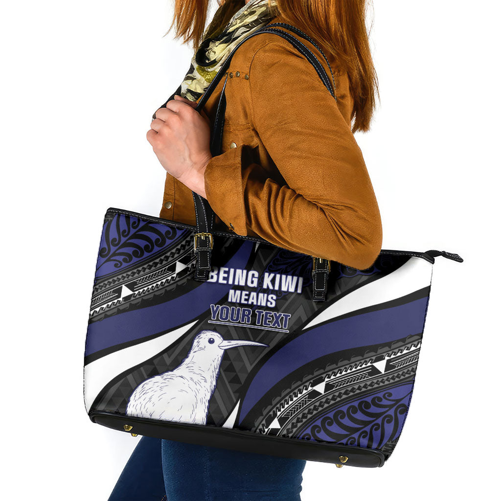 Personalised New Zealand Kiwi Leather Tote Bag Silver Fern Tribal Pattern DT05 Navy - Polynesian Pride