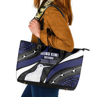Personalised New Zealand Kiwi Leather Tote Bag Silver Fern Tribal Pattern DT05 Navy - Polynesian Pride
