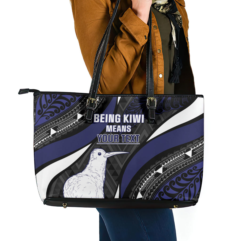 Personalised New Zealand Kiwi Leather Tote Bag Silver Fern Tribal Pattern DT05 - Polynesian Pride