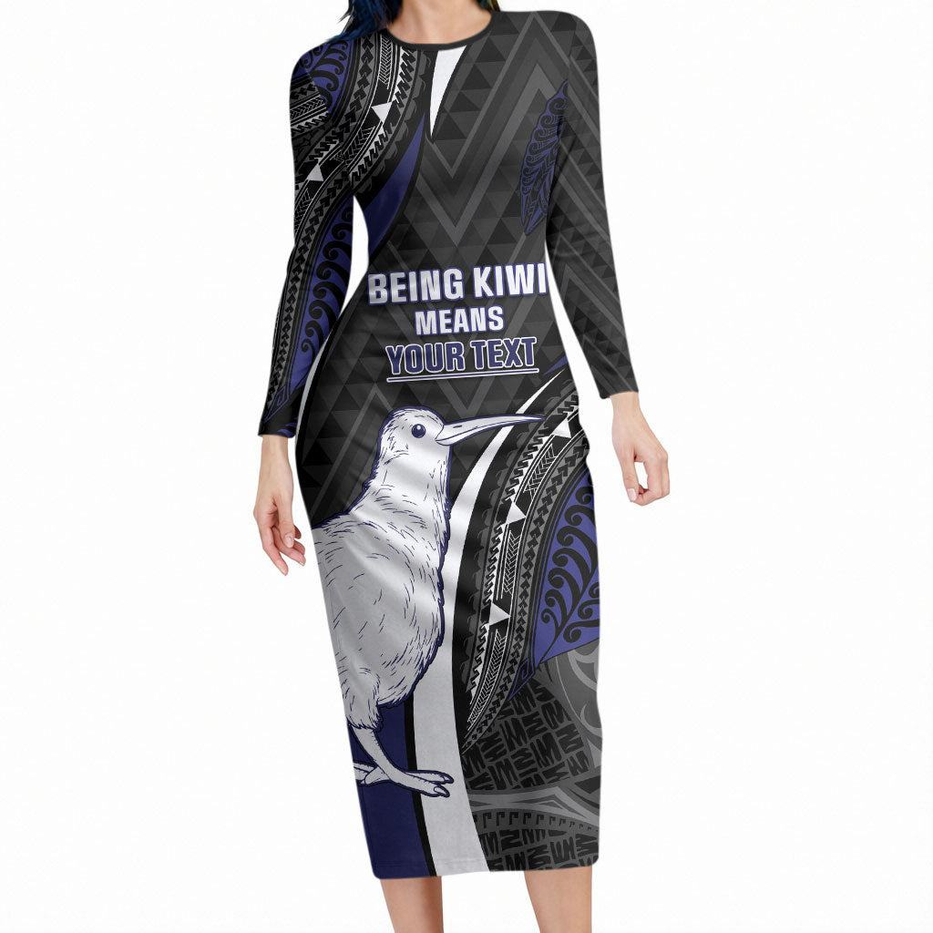 Personalised New Zealand Kiwi Long Sleeve Bodycon Dress Silver Fern Tribal Pattern DT05 Long Dress Navy - Polynesian Pride