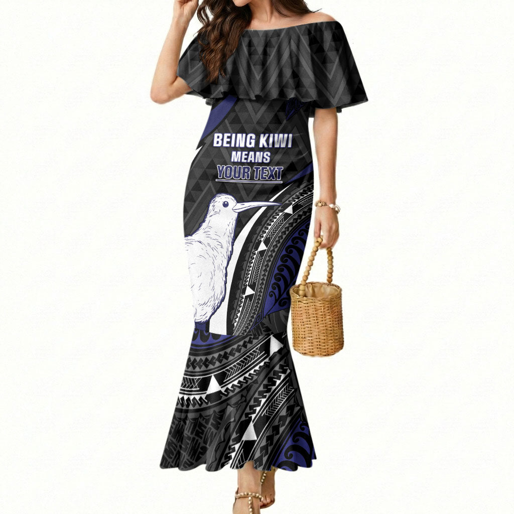 Personalised New Zealand Kiwi Mermaid Dress Silver Fern Tribal Pattern DT05 Women Navy - Polynesian Pride
