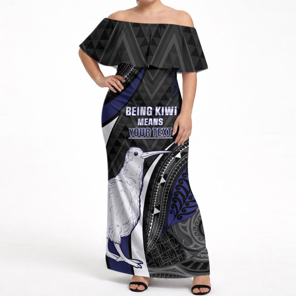 Personalised New Zealand Kiwi Off Shoulder Maxi Dress Silver Fern Tribal Pattern DT05 Women Navy - Polynesian Pride