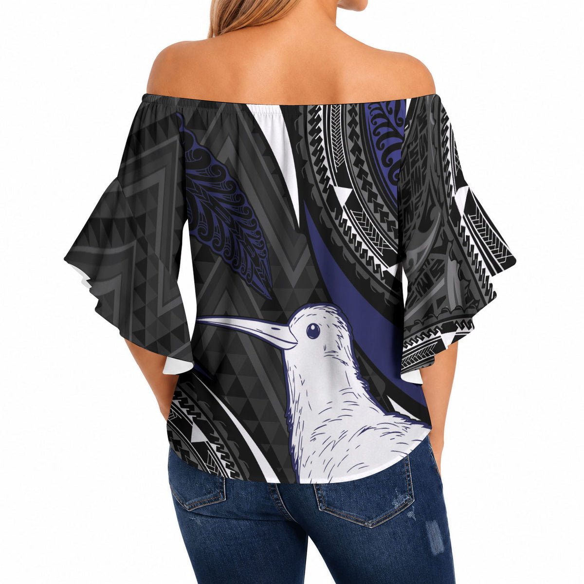 Personalised New Zealand Kiwi Off Shoulder Wrap Waist Top Silver Fern Tribal Pattern DT05 - Polynesian Pride