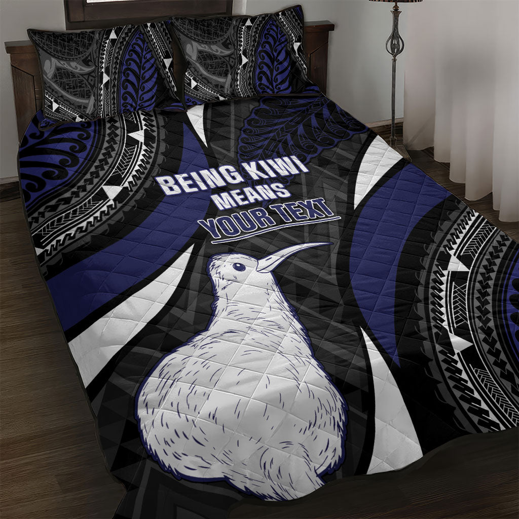 Personalised New Zealand Kiwi Quilt Bed Set Silver Fern Tribal Pattern DT05 Navy - Polynesian Pride