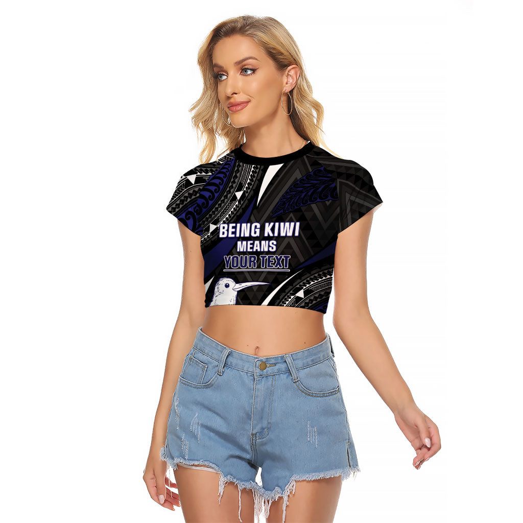 Personalised New Zealand Kiwi Raglan Cropped T Shirt Silver Fern Tribal Pattern DT05 Female Navy - Polynesian Pride