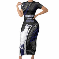 Personalised New Zealand Kiwi Short Sleeve Bodycon Dress Silver Fern Tribal Pattern DT05 Long Dress Navy - Polynesian Pride