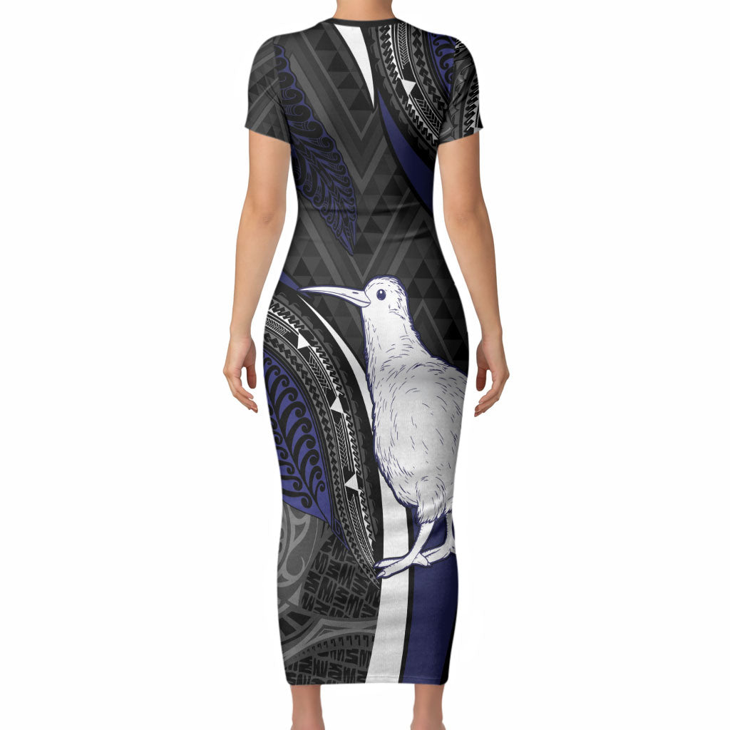 Personalised New Zealand Kiwi Short Sleeve Bodycon Dress Silver Fern Tribal Pattern DT05 - Polynesian Pride