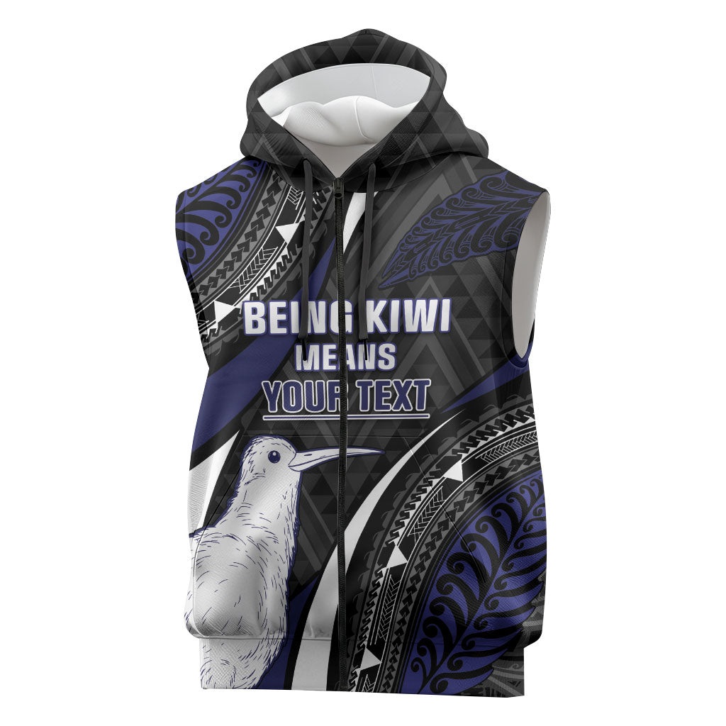 Personalised New Zealand Kiwi Sleeveless Zip Hoodie Silver Fern Tribal Pattern DT05 Navy - Polynesian Pride