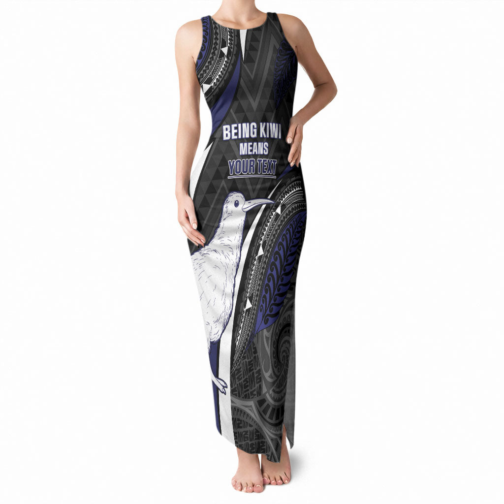 Personalised New Zealand Kiwi Tank Maxi Dress Silver Fern Tribal Pattern DT05 Women Navy - Polynesian Pride