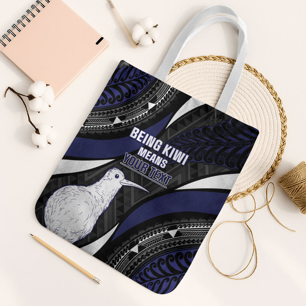 Personalised New Zealand Kiwi Tote Bag Silver Fern Tribal Pattern DT05 White Strap One Size Navy - Polynesian Pride