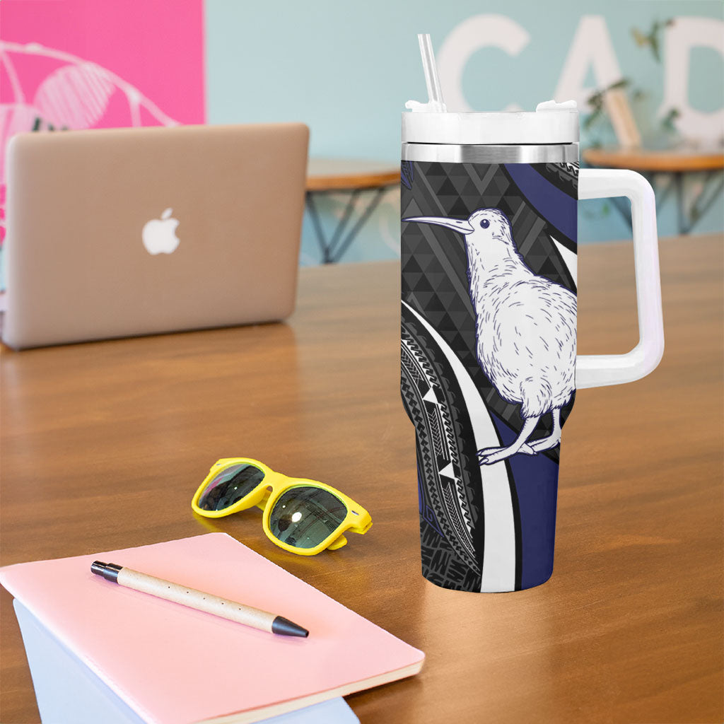 Personalised New Zealand Kiwi Tumbler With Handle Silver Fern Tribal Pattern DT05 - Polynesian Pride