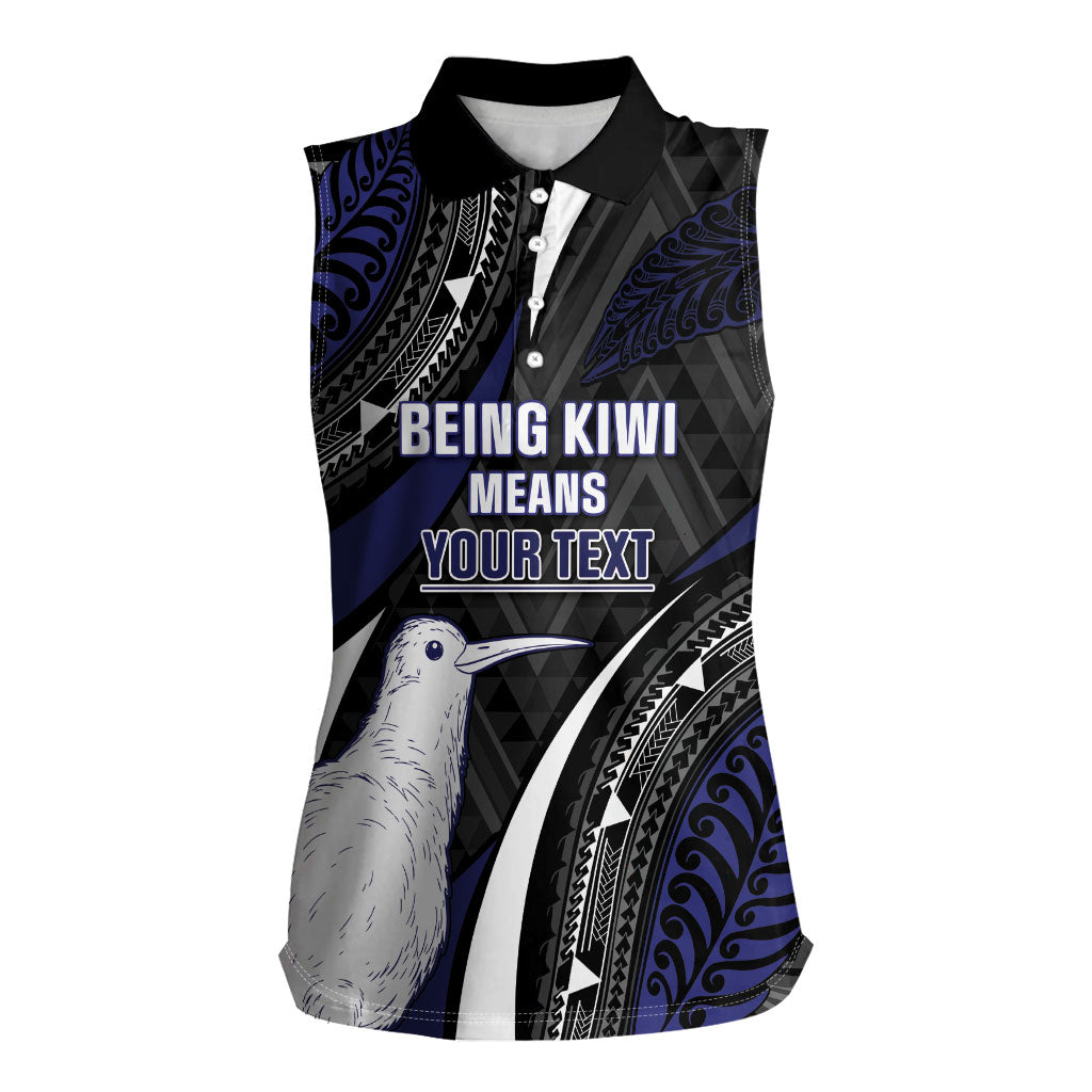 Personalised New Zealand Kiwi Women Sleeveless Polo Shirt Silver Fern Tribal Pattern DT05 Female Navy - Polynesian Pride