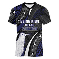Personalised New Zealand Kiwi Women V-Neck T-Shirt Silver Fern Tribal Pattern DT05 Female Navy - Polynesian Pride