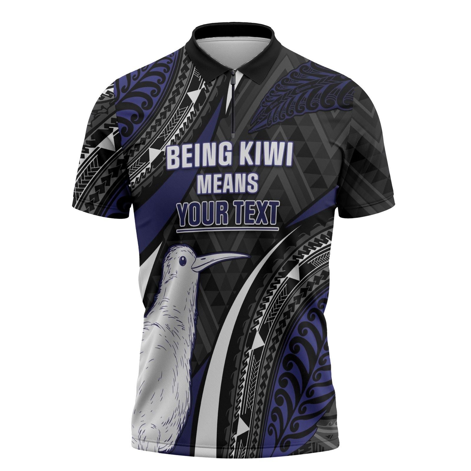 Personalised New Zealand Kiwi Zipper Polo Shirt Silver Fern Tribal Pattern DT05 Navy - Polynesian Pride