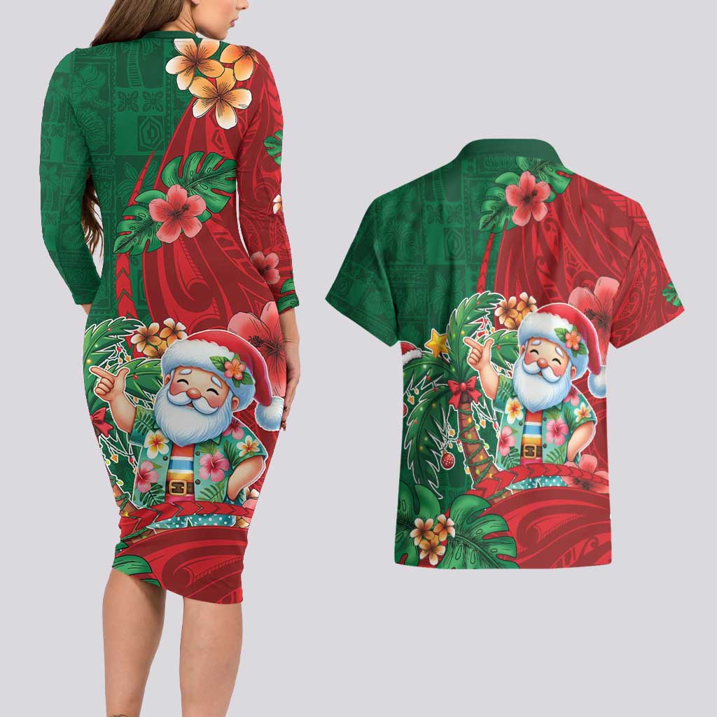 Hawaii Christmas Couples Matching Long Sleeve Bodycon Dress and Hawaiian Shirt Mele Kalikimaka Funny Hawaiian Santa - Polynesian Pride