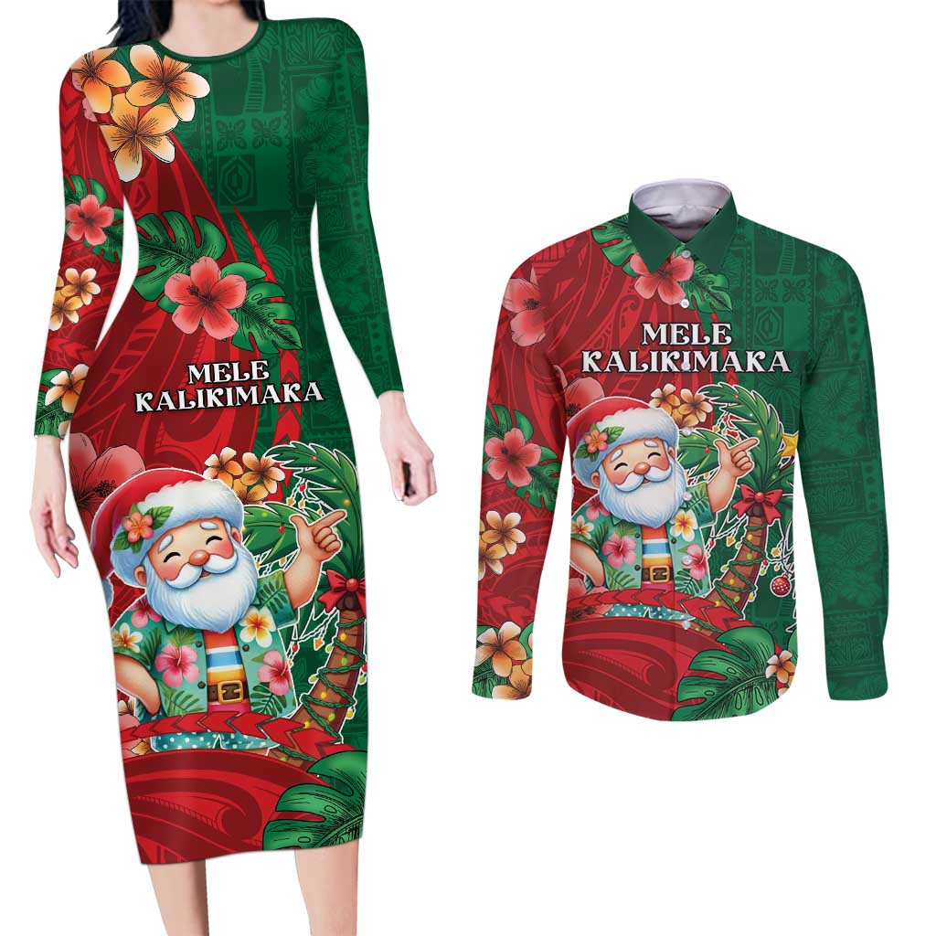 Hawaii Christmas Couples Matching Long Sleeve Bodycon Dress and Long Sleeve Button Shirt Mele Kalikimaka Funny Hawaiian Santa - Polynesian Pride