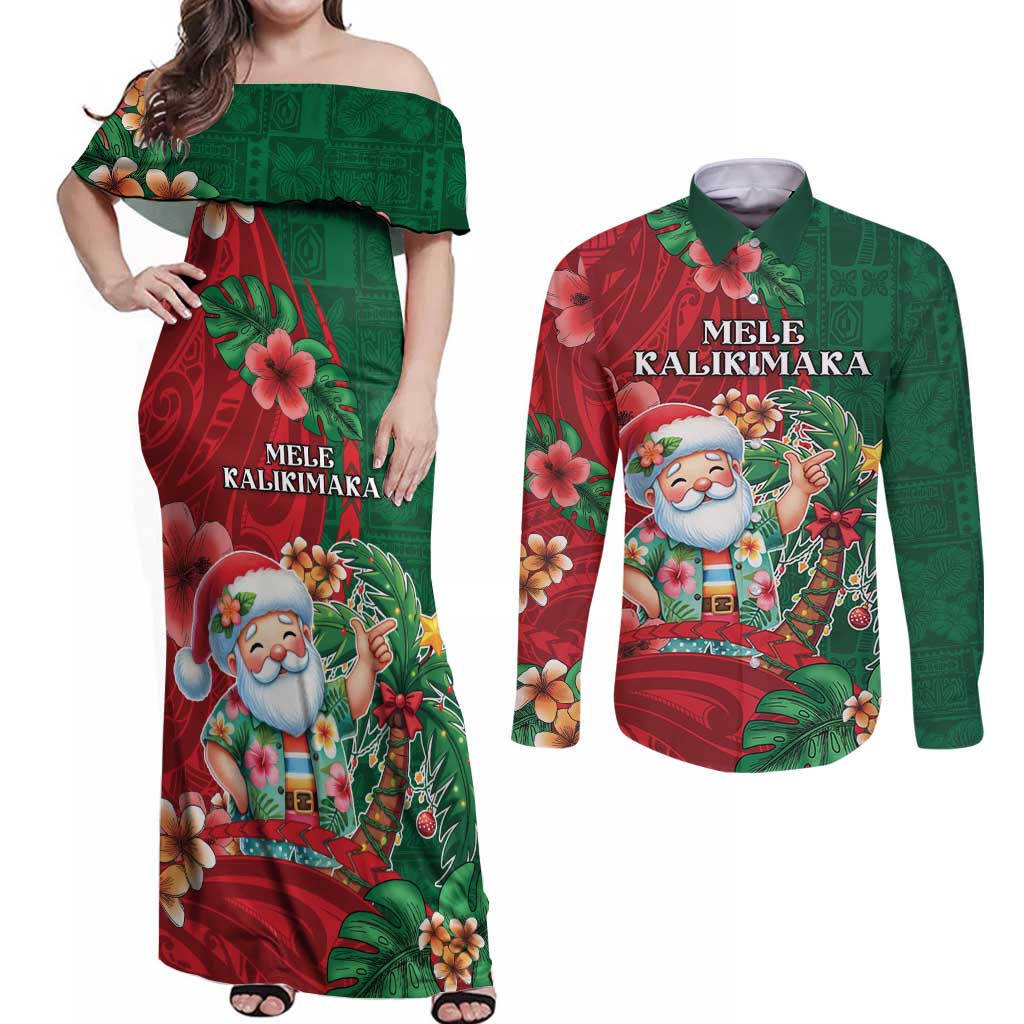 Hawaii Christmas Couples Matching Off Shoulder Maxi Dress and Long Sleeve Button Shirt Mele Kalikimaka Funny Hawaiian Santa - Polynesian Pride