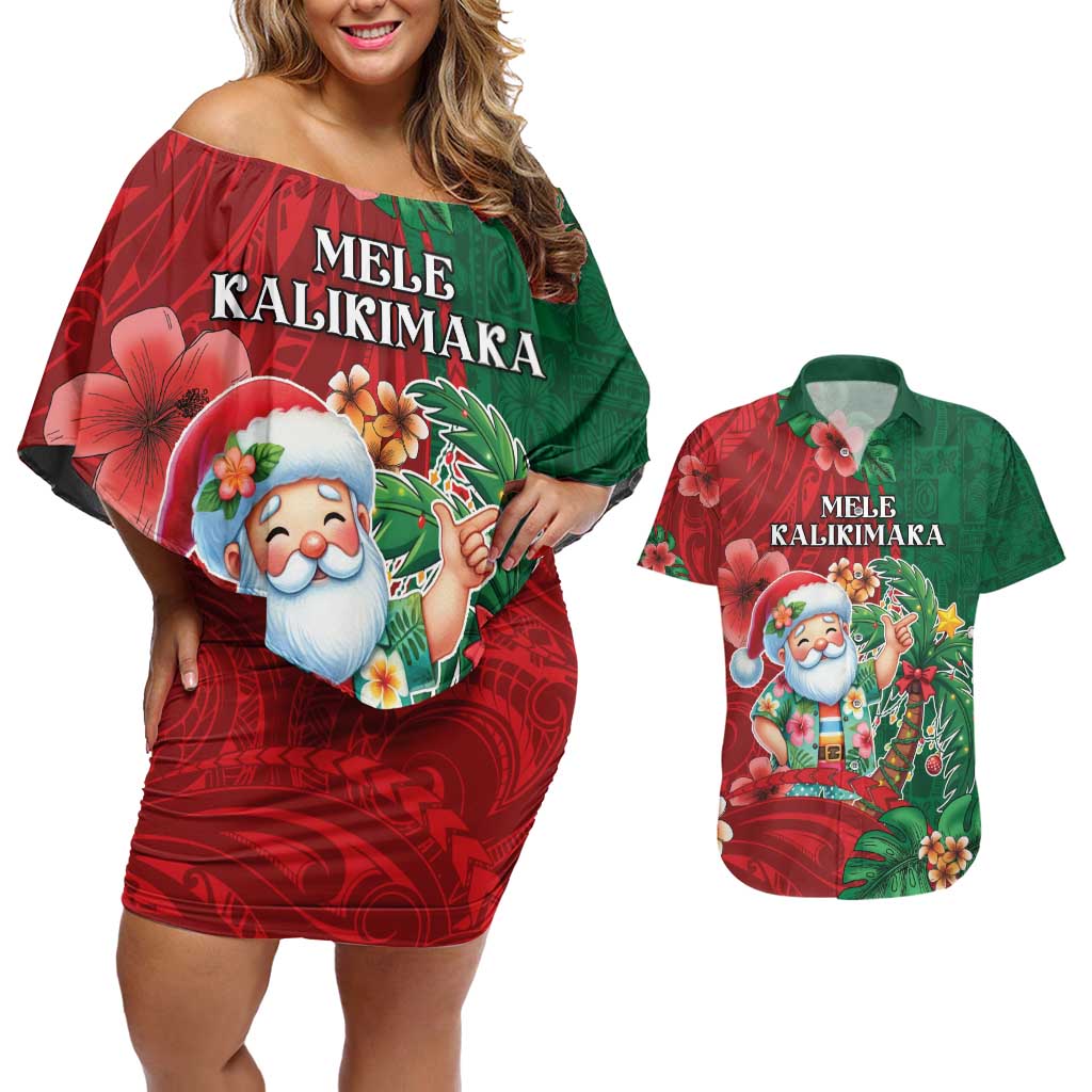 Hawaii Christmas Couples Matching Off Shoulder Short Dress and Hawaiian Shirt Mele Kalikimaka Funny Hawaiian Santa - Polynesian Pride