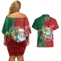 Hawaii Christmas Couples Matching Off Shoulder Short Dress and Hawaiian Shirt Mele Kalikimaka Funny Hawaiian Santa - Polynesian Pride